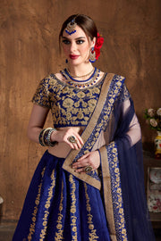Royal Blue & Gold Embroidered Bridal Lehenga Choli with Navy Dupatta