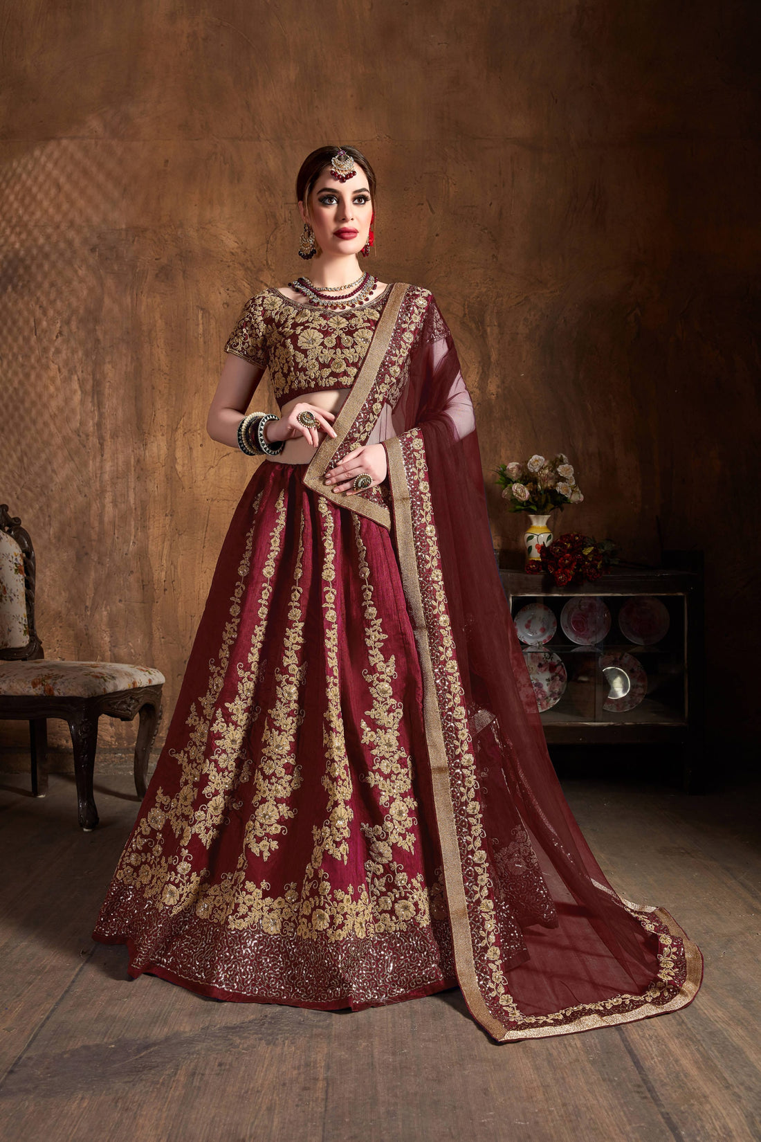 Maroon & Gold Embroidered Bridal Lehenga Choli with Matching Dupatta
