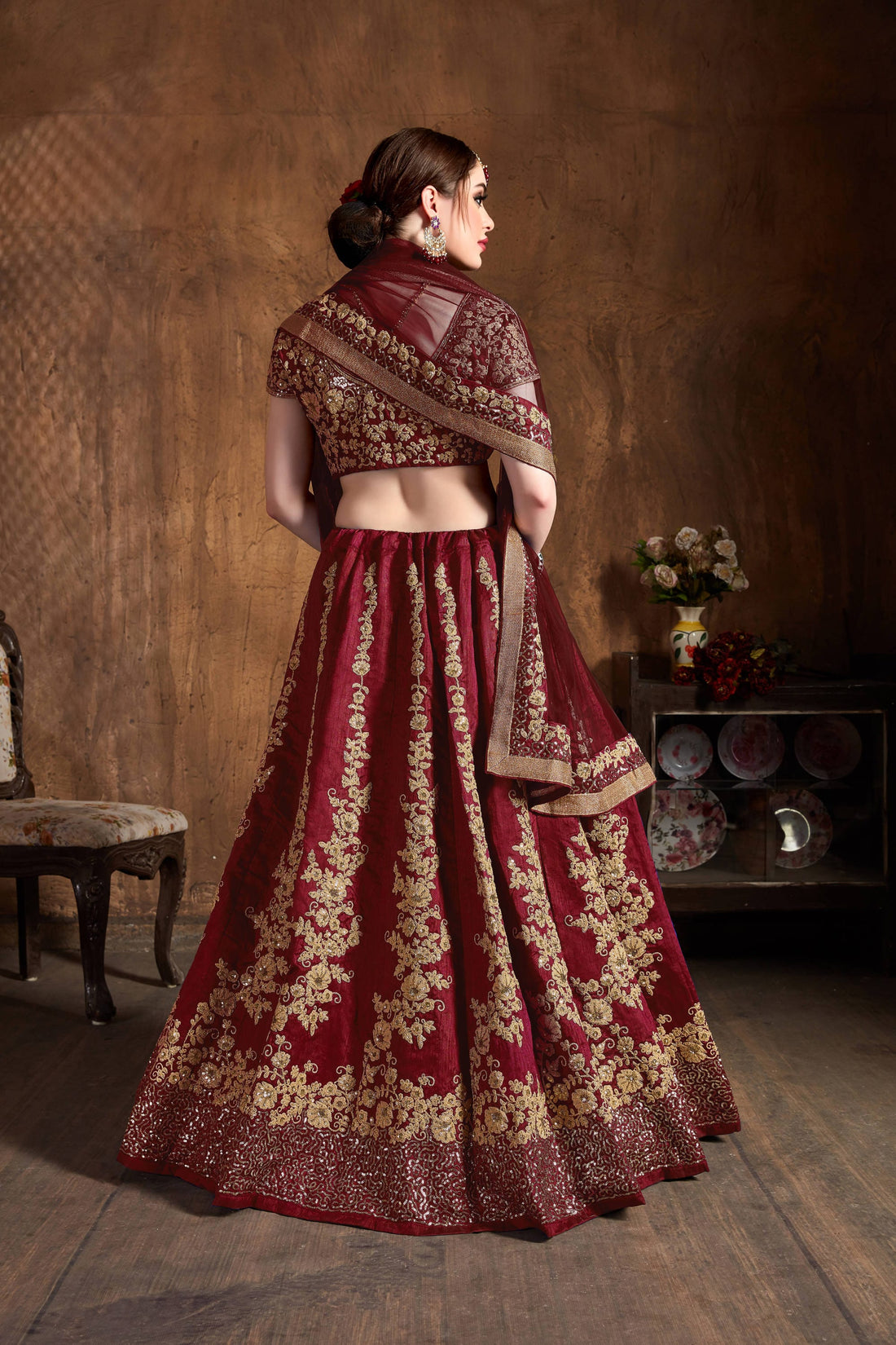 Maroon & Gold Embroidered Bridal Lehenga Choli with Matching Dupatta