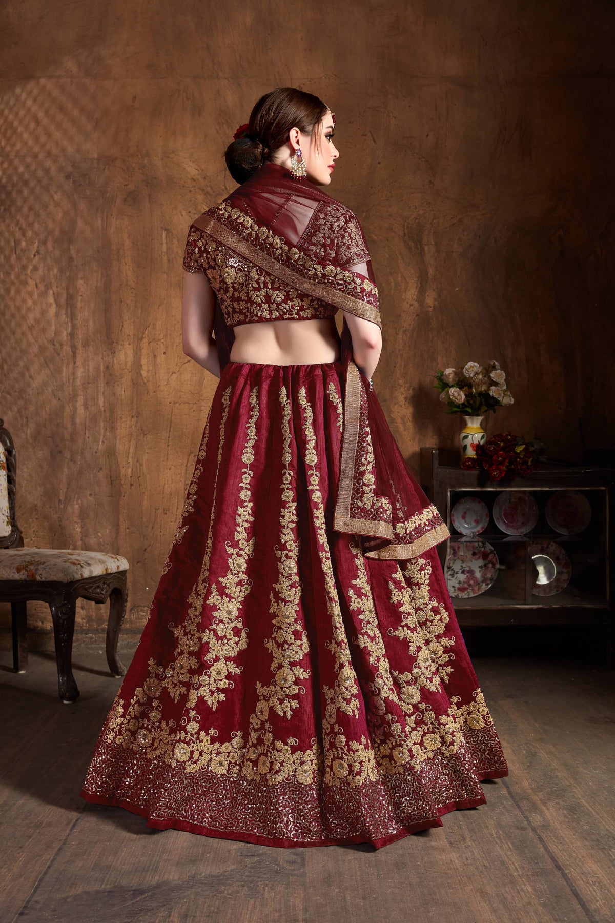 Maroon & Gold Embroidered Bridal Lehenga Choli with Matching Dupatta