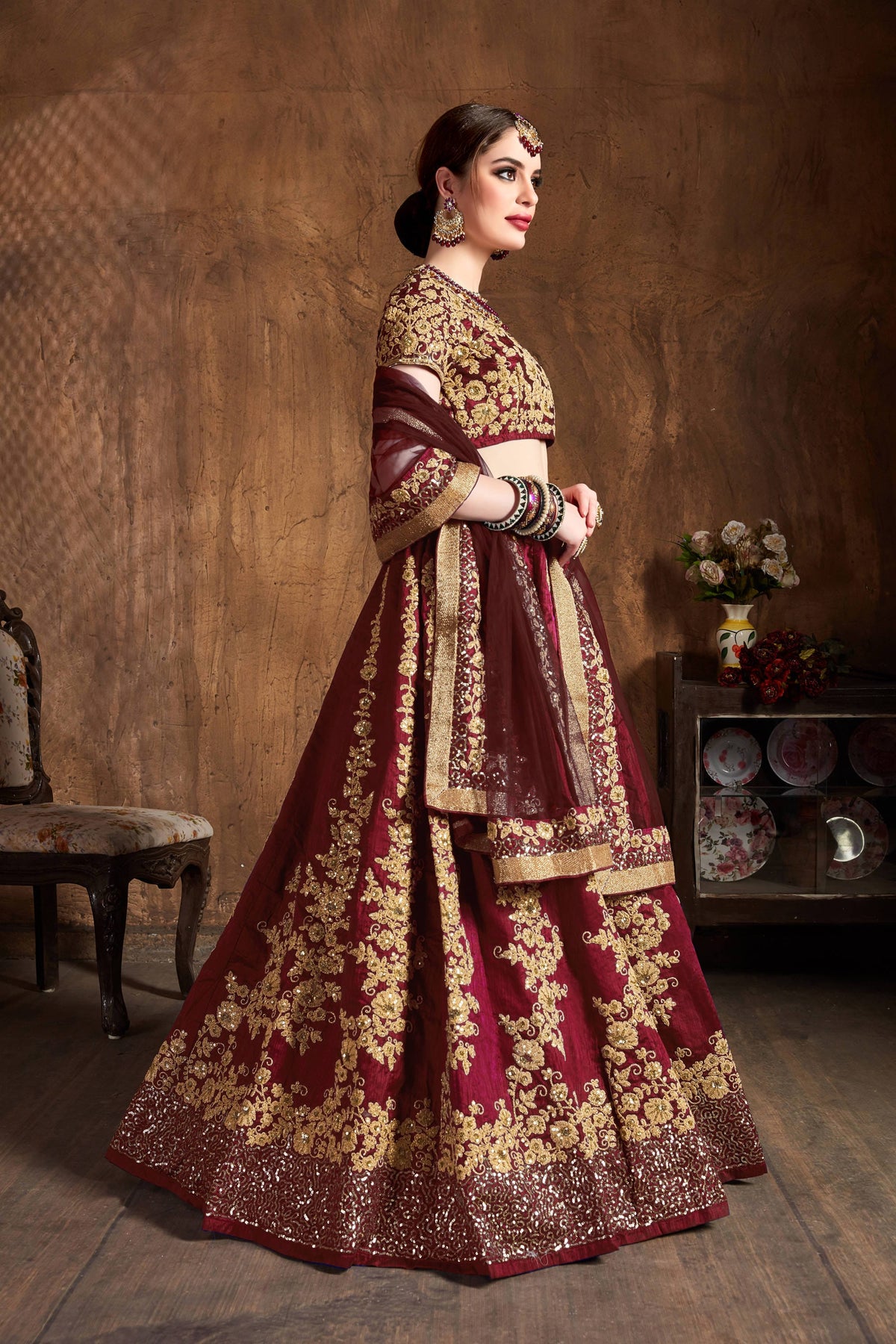 Maroon & Gold Embroidered Bridal Lehenga Choli with Matching Dupatta