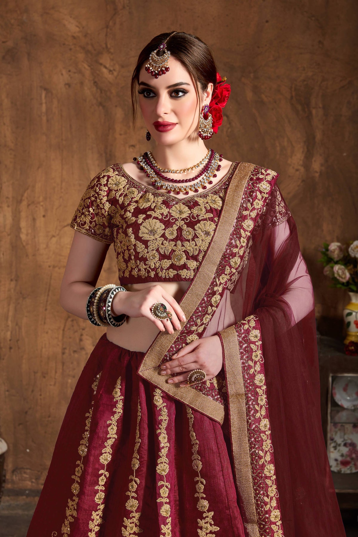 Maroon & Gold Embroidered Bridal Lehenga Choli with Matching Dupatta