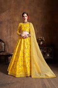 Mustard Yellow Embroidered Lehenga Choli with Striped Dupatta