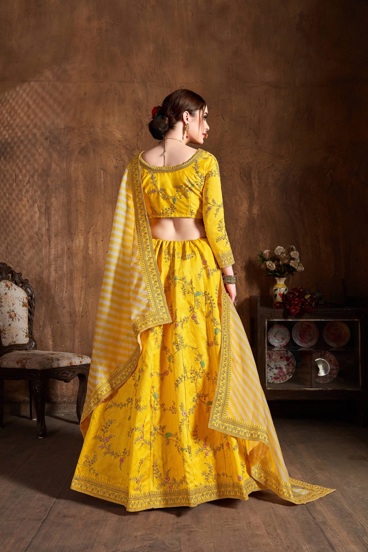 Mustard Yellow Embroidered Lehenga Choli with Striped Dupatta