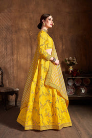 Mustard Yellow Embroidered Lehenga Choli with Striped Dupatta