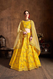 Mustard Yellow Embroidered Lehenga Choli with Striped Dupatta