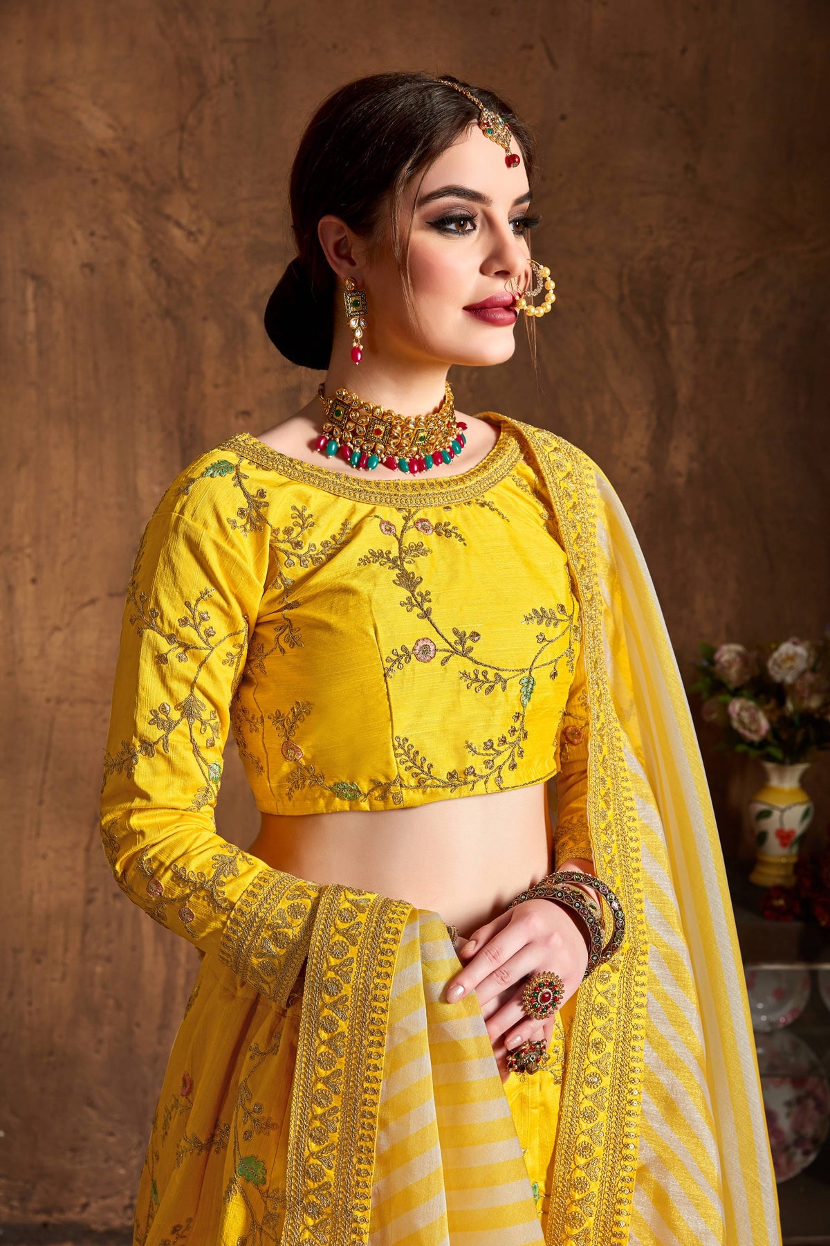 Mustard Yellow Embroidered Lehenga Choli with Striped Dupatta