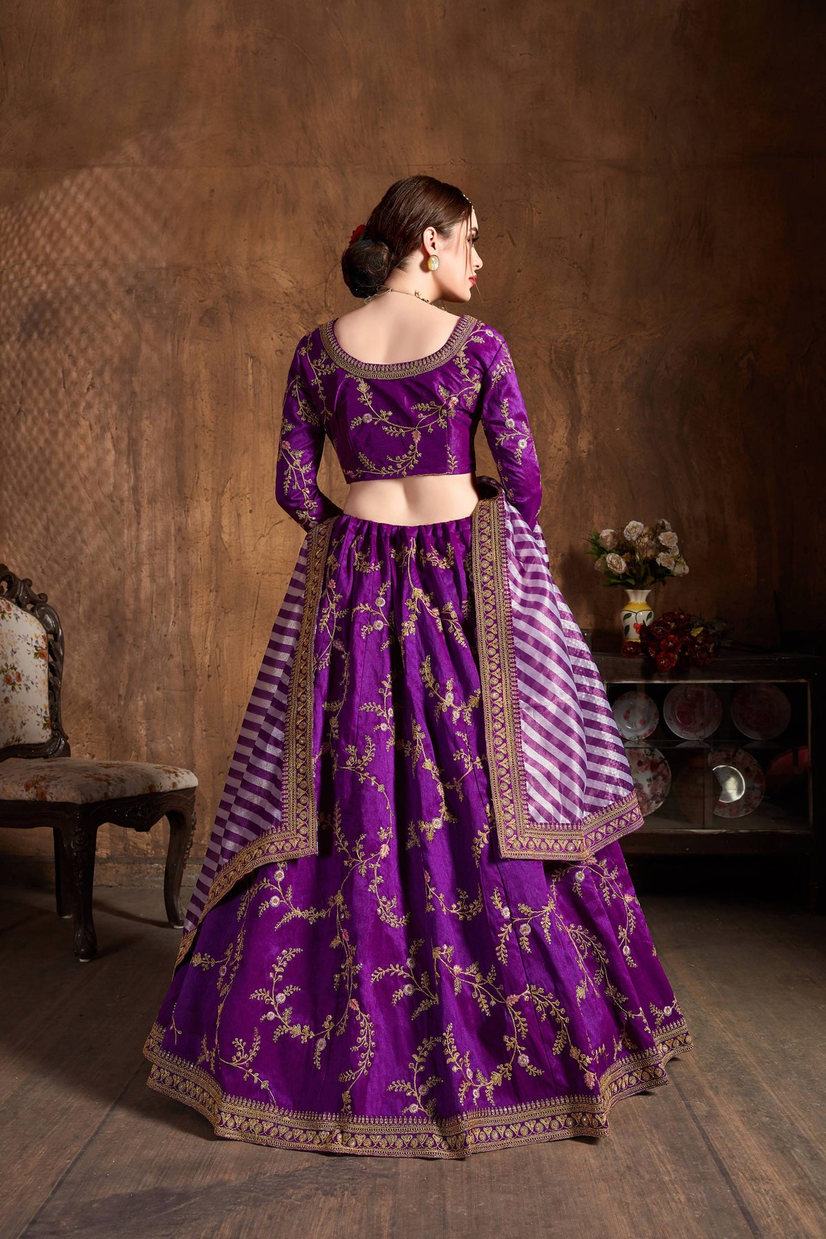 Royal Purple Embroidered Lehenga Choli with Striped Dupatta