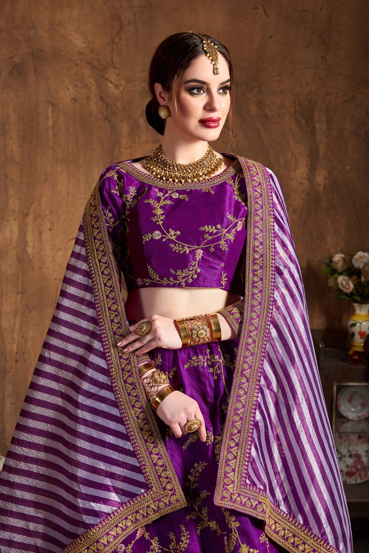 Royal Purple Embroidered Lehenga Choli with Striped Dupatta