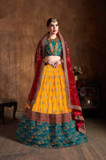 Mustard Yellow and Teal Embroidered Bridal Lehenga Choli with Red Dupatta