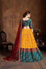 Mustard Yellow and Teal Embroidered Bridal Lehenga Choli with Red Dupatta