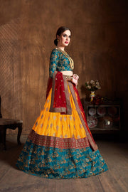 Mustard Yellow and Teal Embroidered Bridal Lehenga Choli with Red Dupatta