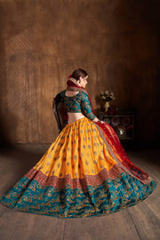 Mustard Yellow and Teal Embroidered Bridal Lehenga Choli with Red Dupatta