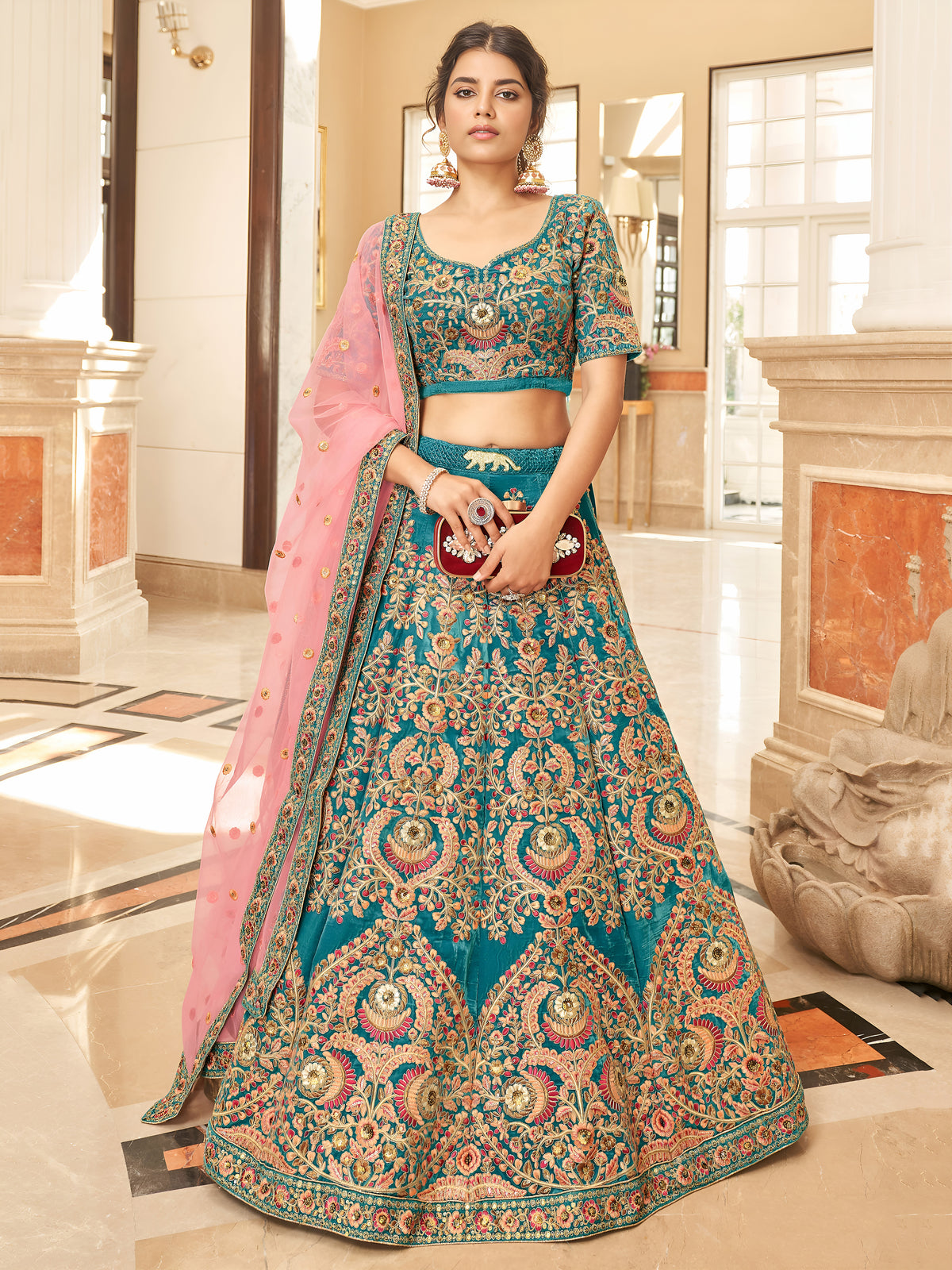 Teal Blue Bridal Lehenga Choli with Heavy Embroidery & Pink Dupatta
