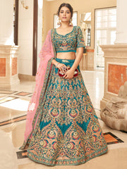 Teal Blue Bridal Lehenga Choli with Heavy Embroidery & Pink Dupatta
