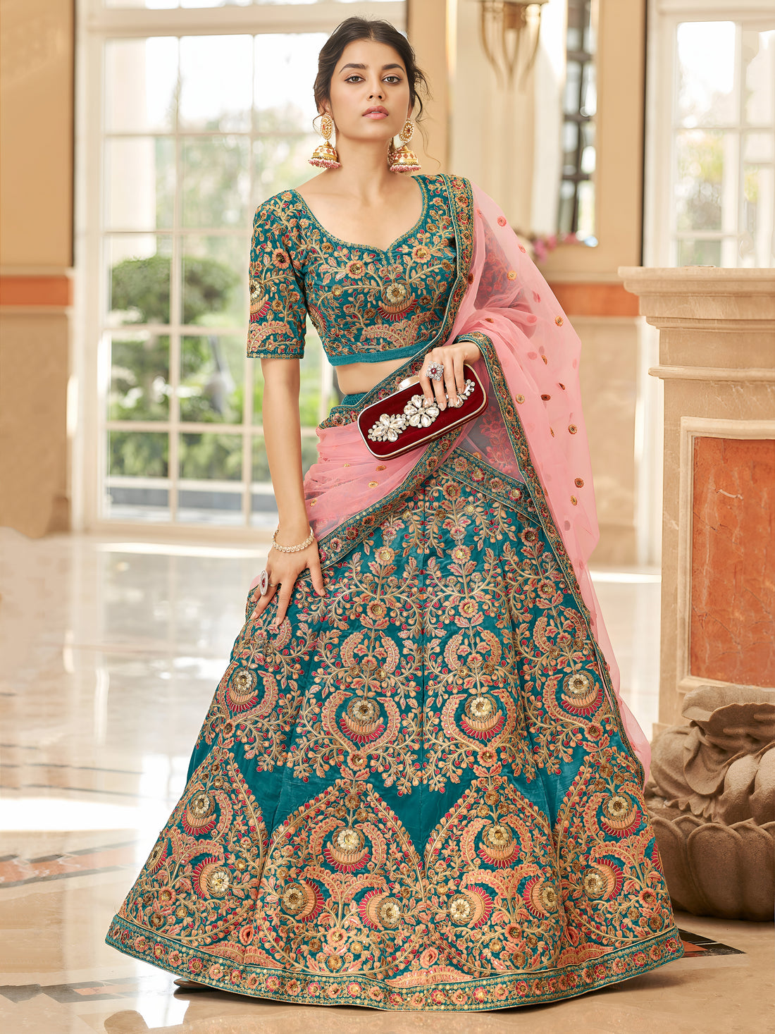 Teal Blue Bridal Lehenga Choli with Heavy Embroidery & Pink Dupatta