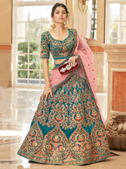 Teal Blue Bridal Lehenga Choli with Heavy Embroidery & Pink Dupatta