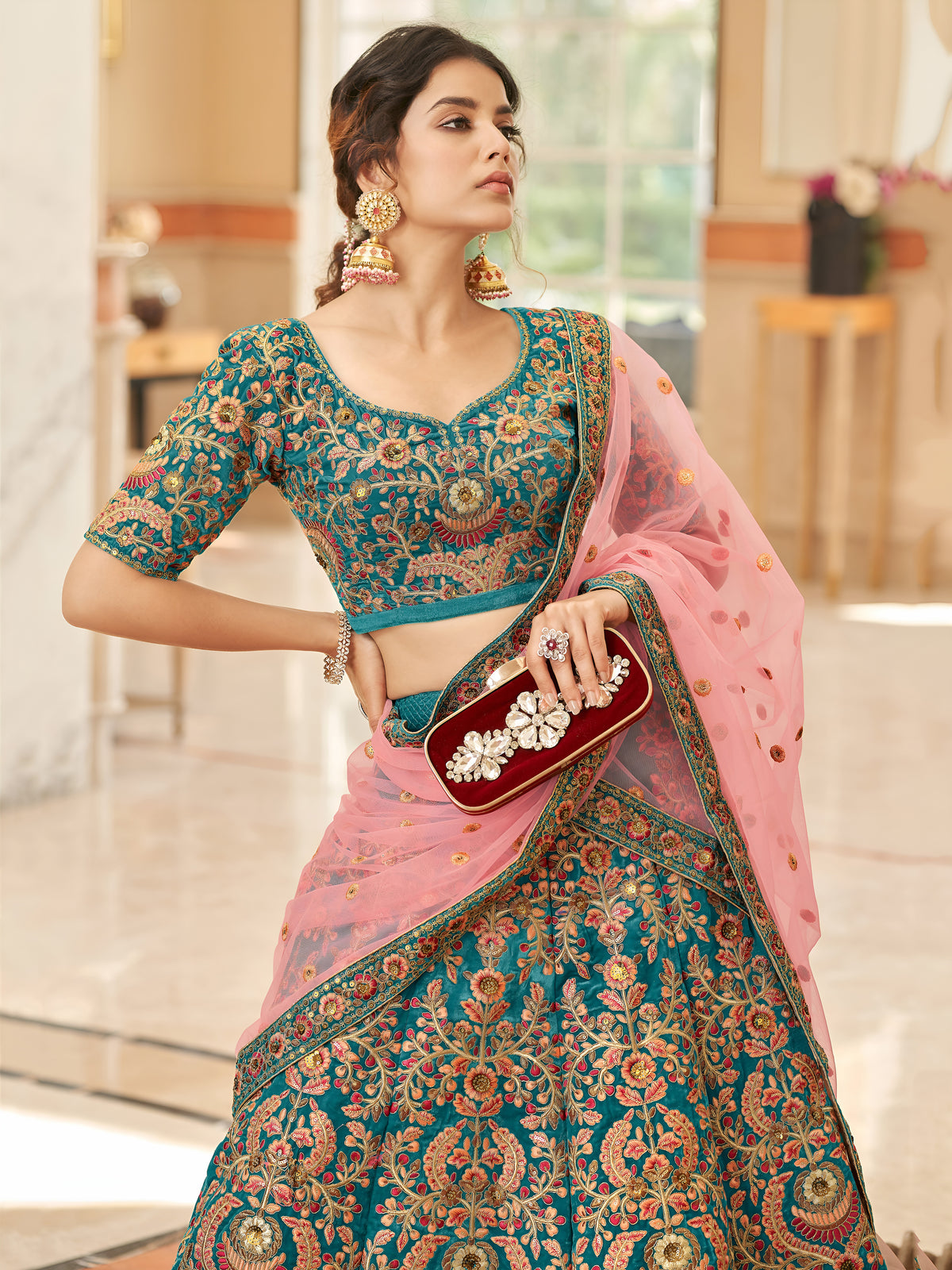 Teal Blue Bridal Lehenga Choli with Heavy Embroidery & Pink Dupatta