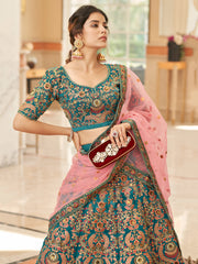 Teal Blue Bridal Lehenga Choli with Heavy Embroidery & Pink Dupatta