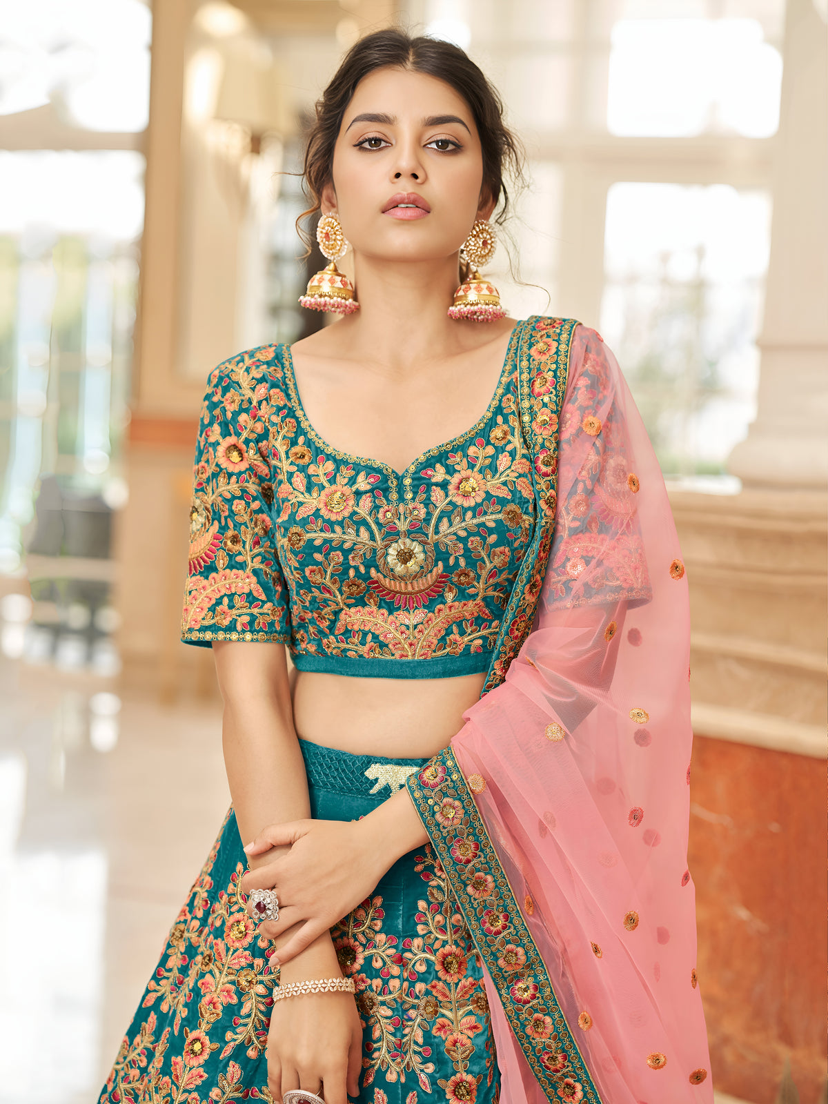 Teal Blue Bridal Lehenga Choli with Heavy Embroidery & Pink Dupatta