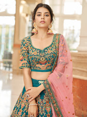 Teal Blue Bridal Lehenga Choli with Heavy Embroidery & Pink Dupatta