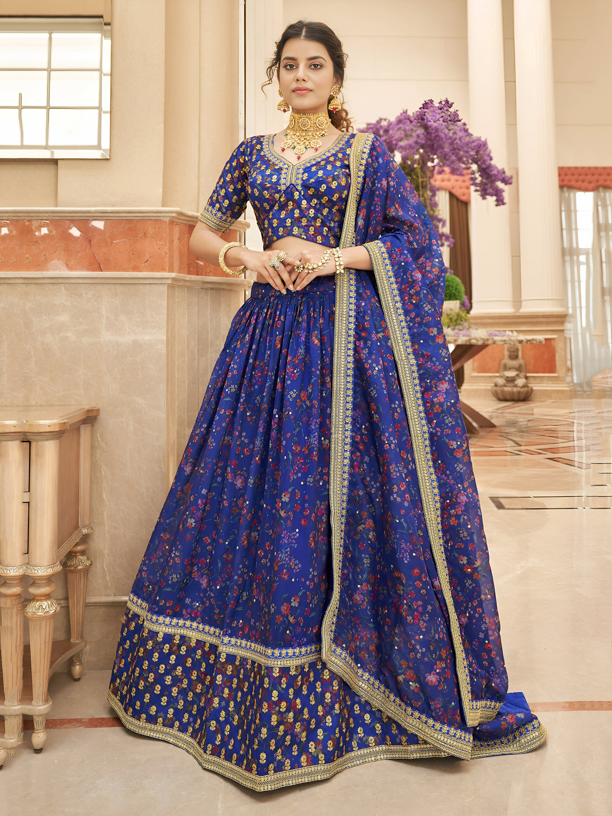 Royal Blue Floral Lehenga Choli with Golden Border & Dupatta