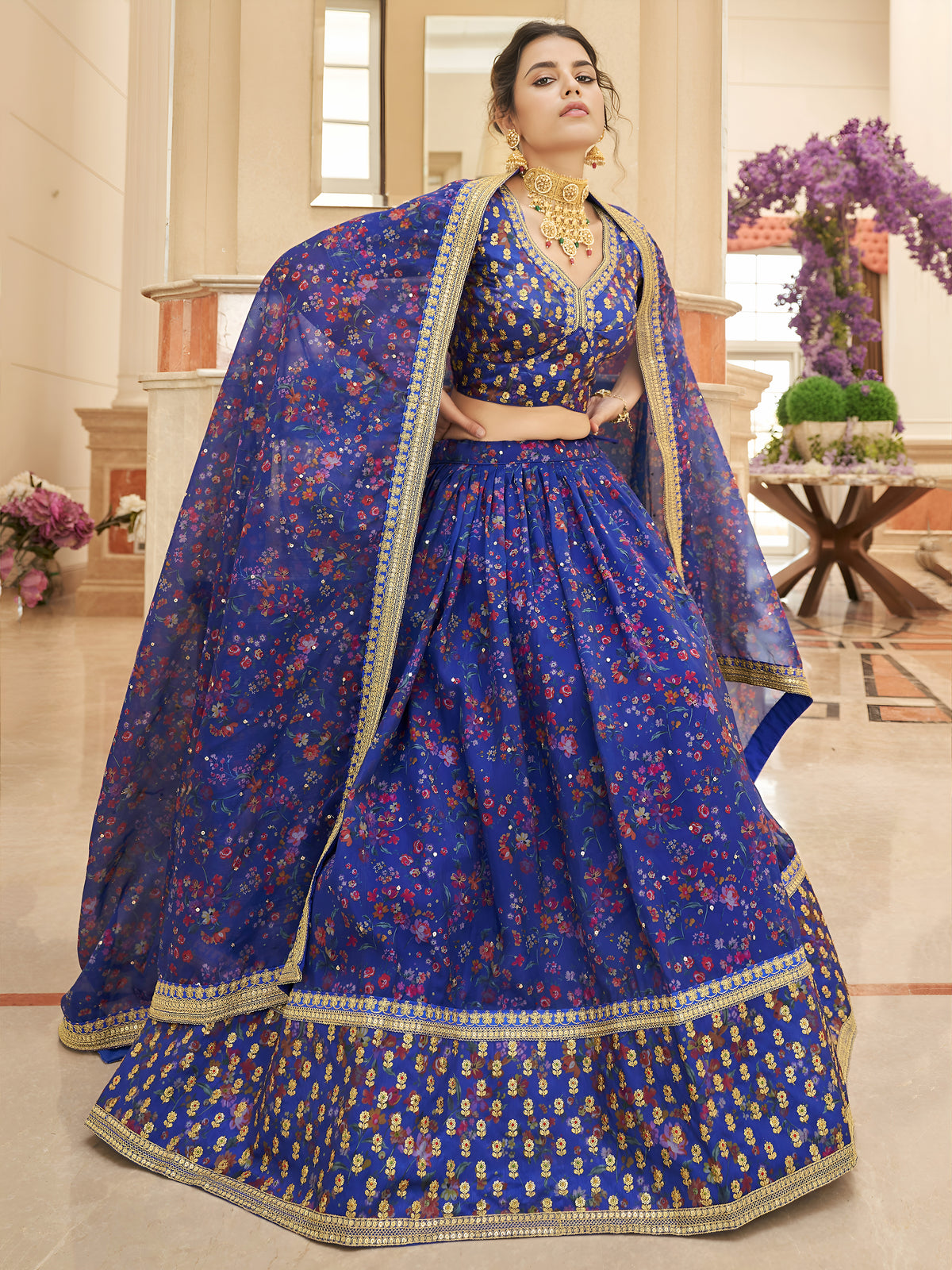 Royal Blue Floral Lehenga Choli with Golden Border & Dupatta
