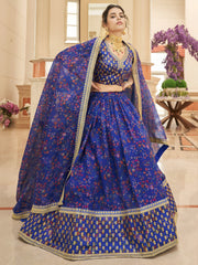 Royal Blue Floral Lehenga Choli with Golden Border & Dupatta