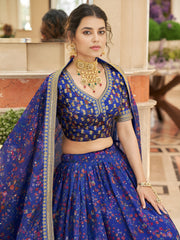Royal Blue Floral Lehenga Choli with Golden Border & Dupatta