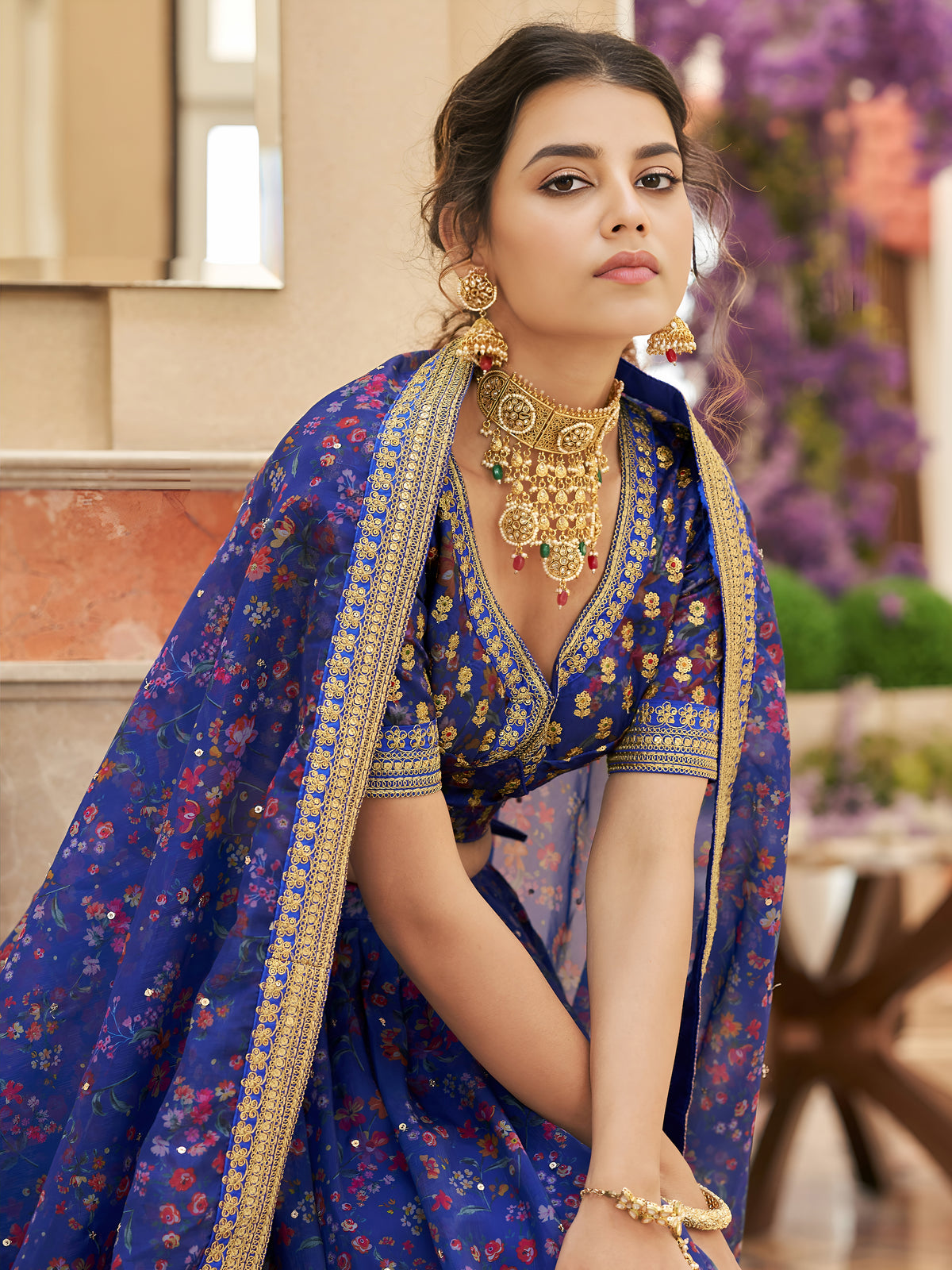 Royal Blue Floral Lehenga Choli with Golden Border & Dupatta