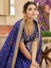 Royal Blue Floral Lehenga Choli with Golden Border & Dupatta