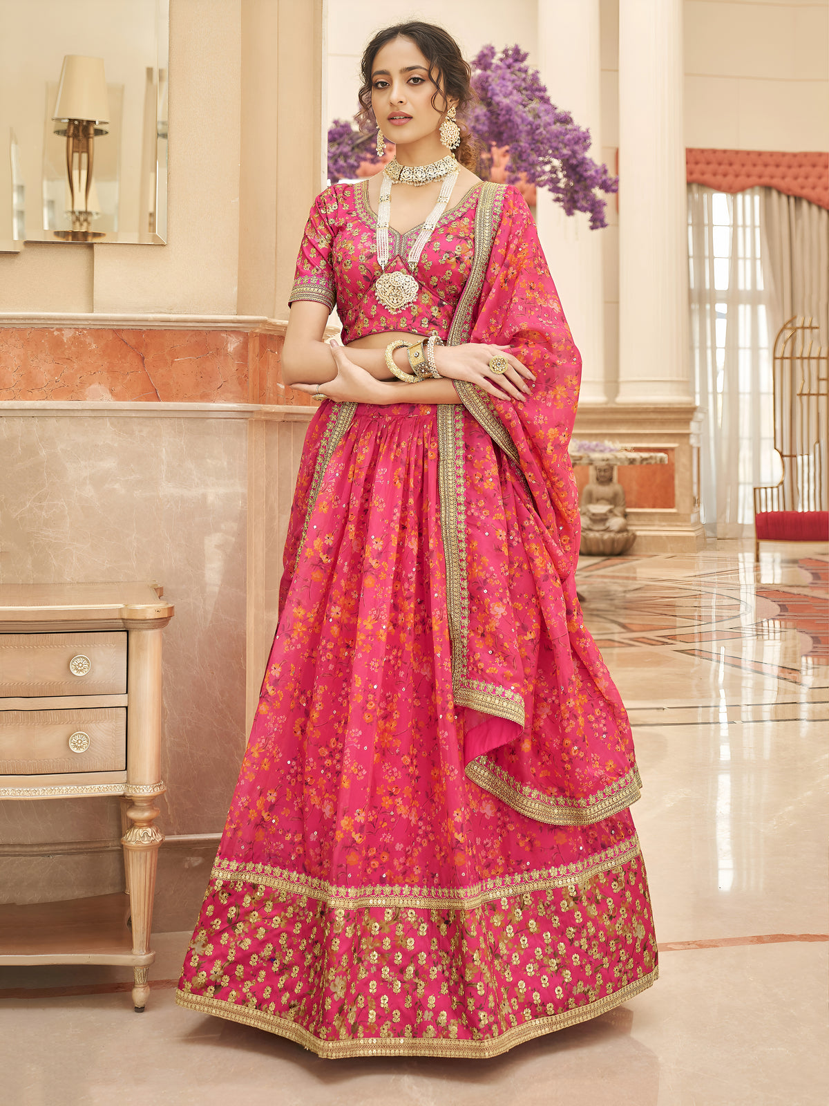 Rani Pink Floral Lehenga Choli with Golden Border & Dupatta