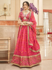 Rani Pink Floral Lehenga Choli with Golden Border & Dupatta