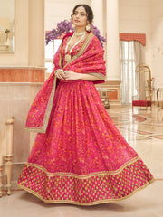 Rani Pink Floral Lehenga Choli with Golden Border & Dupatta