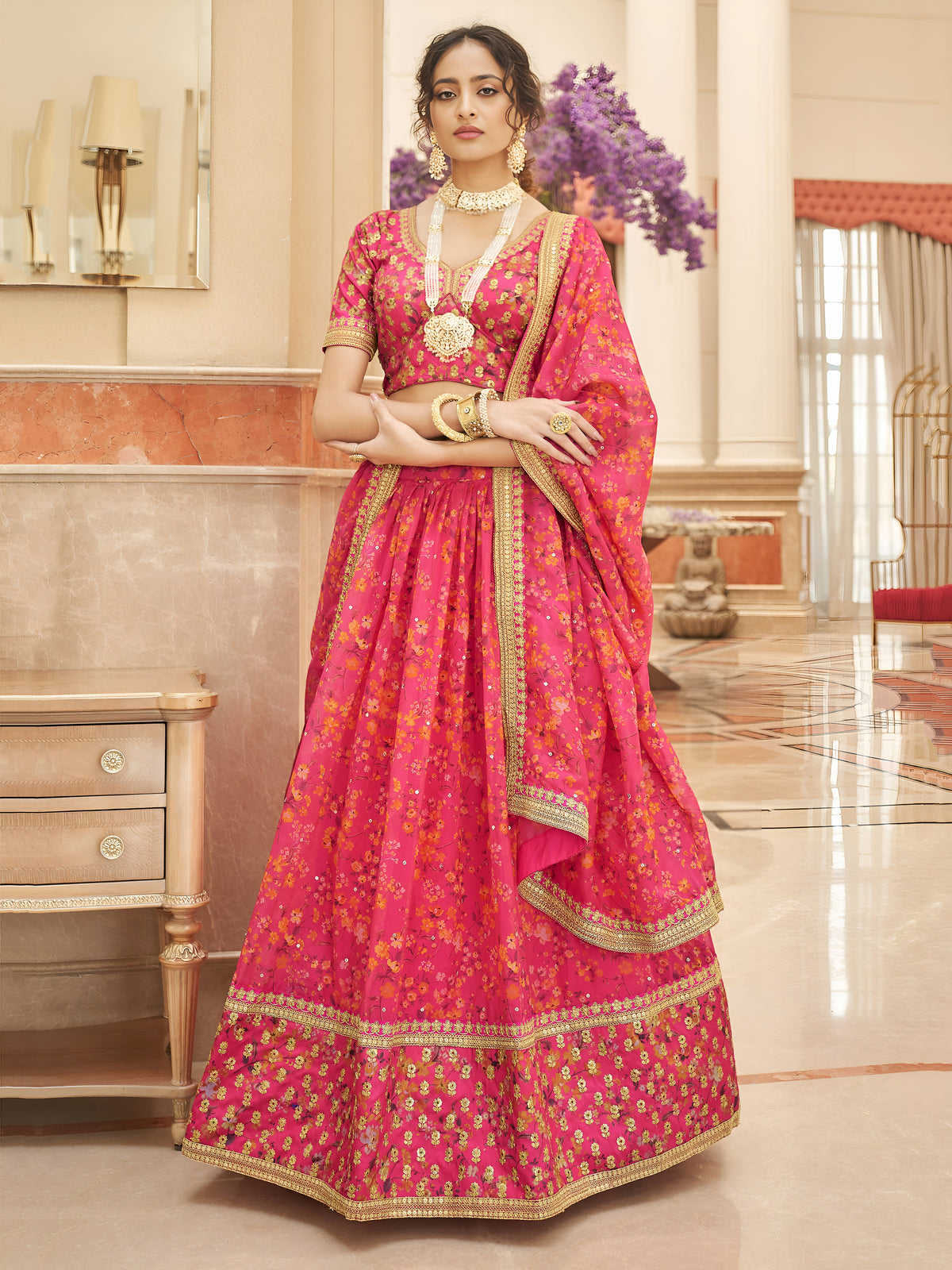 Rani Pink Floral Lehenga Choli with Golden Border & Dupatta