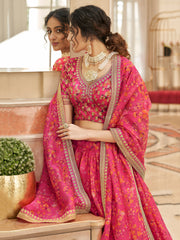 Rani Pink Floral Lehenga Choli with Golden Border & Dupatta