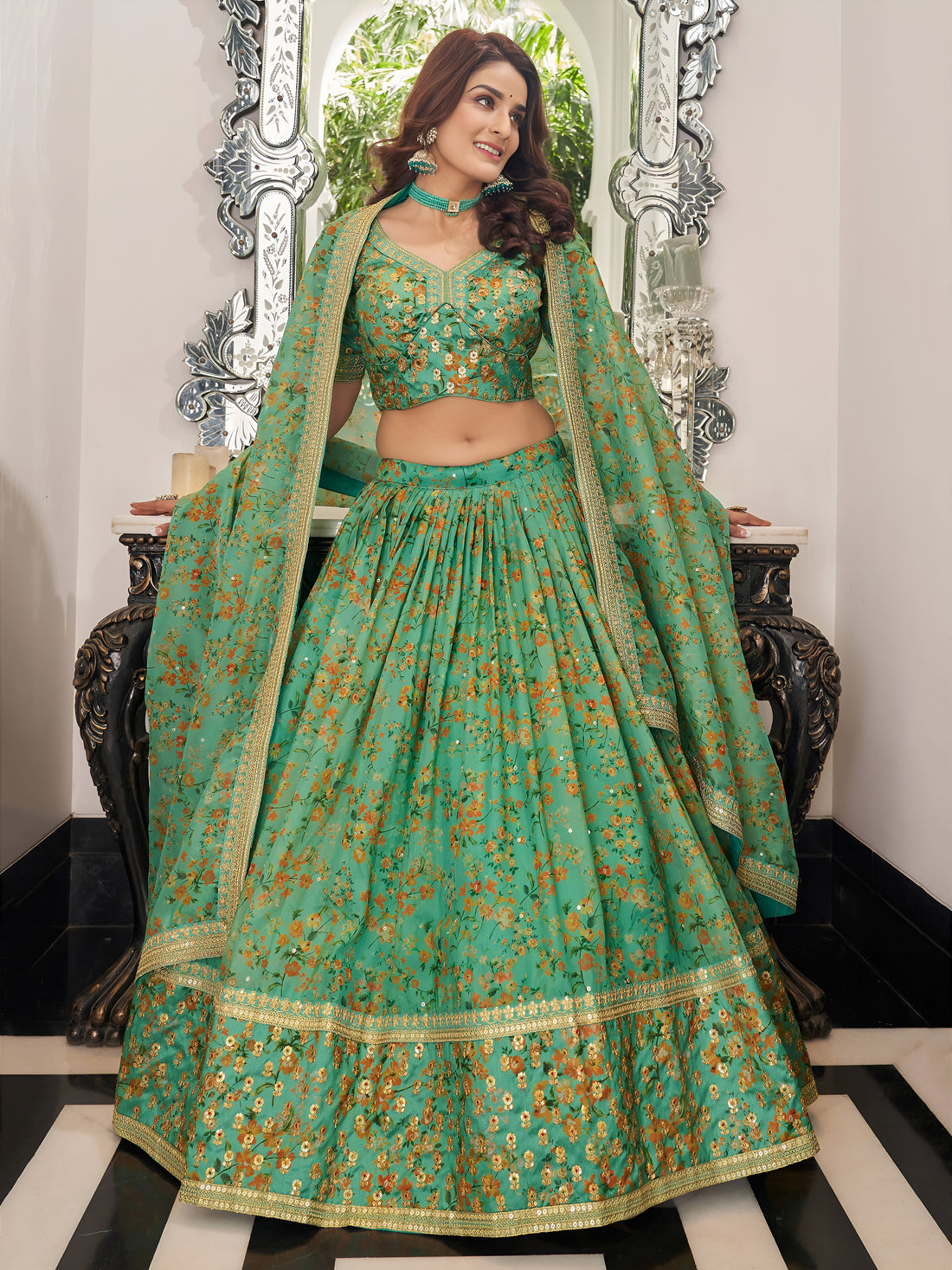 Pista Green Floral Lehenga Choli with Golden Border & Dupatta