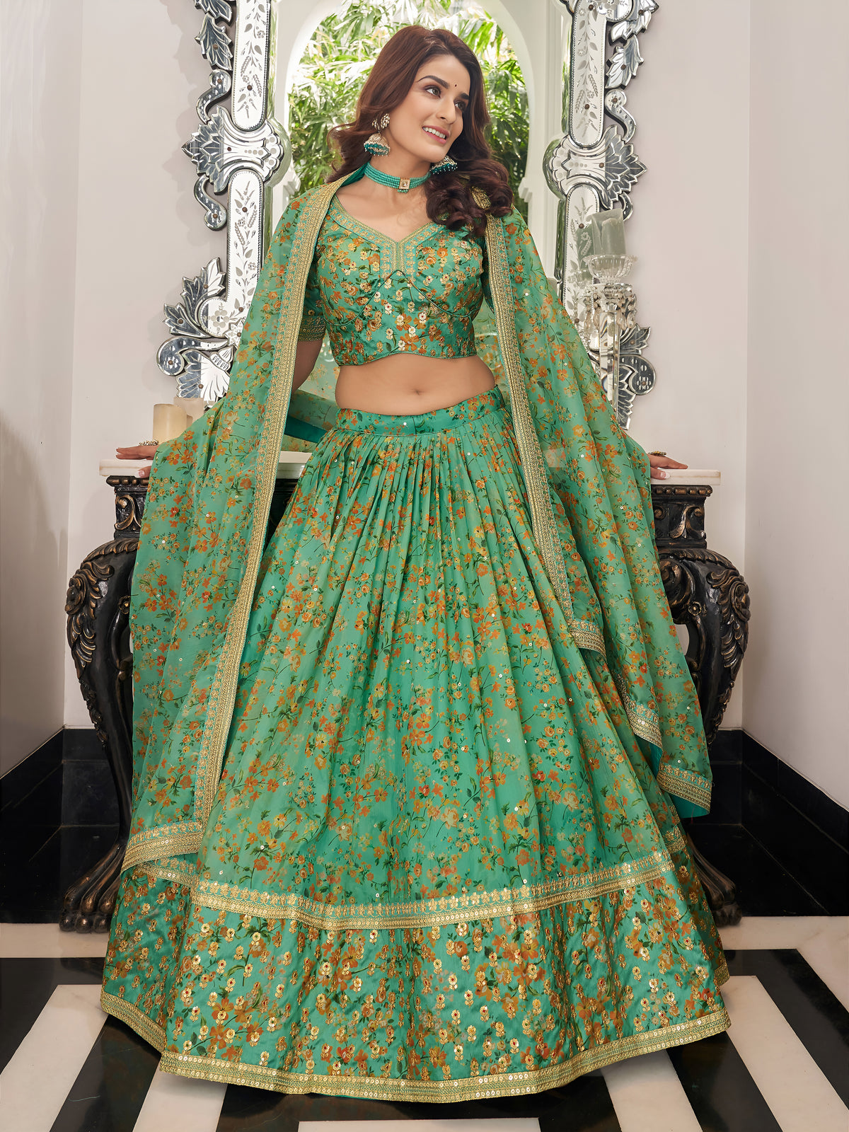 Pista Green Floral Lehenga Choli with Golden Border & Dupatta