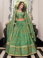 Pista Green Floral Lehenga Choli with Golden Border & Dupatta