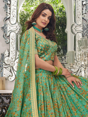 Pista Green Floral Lehenga Choli with Golden Border & Dupatta