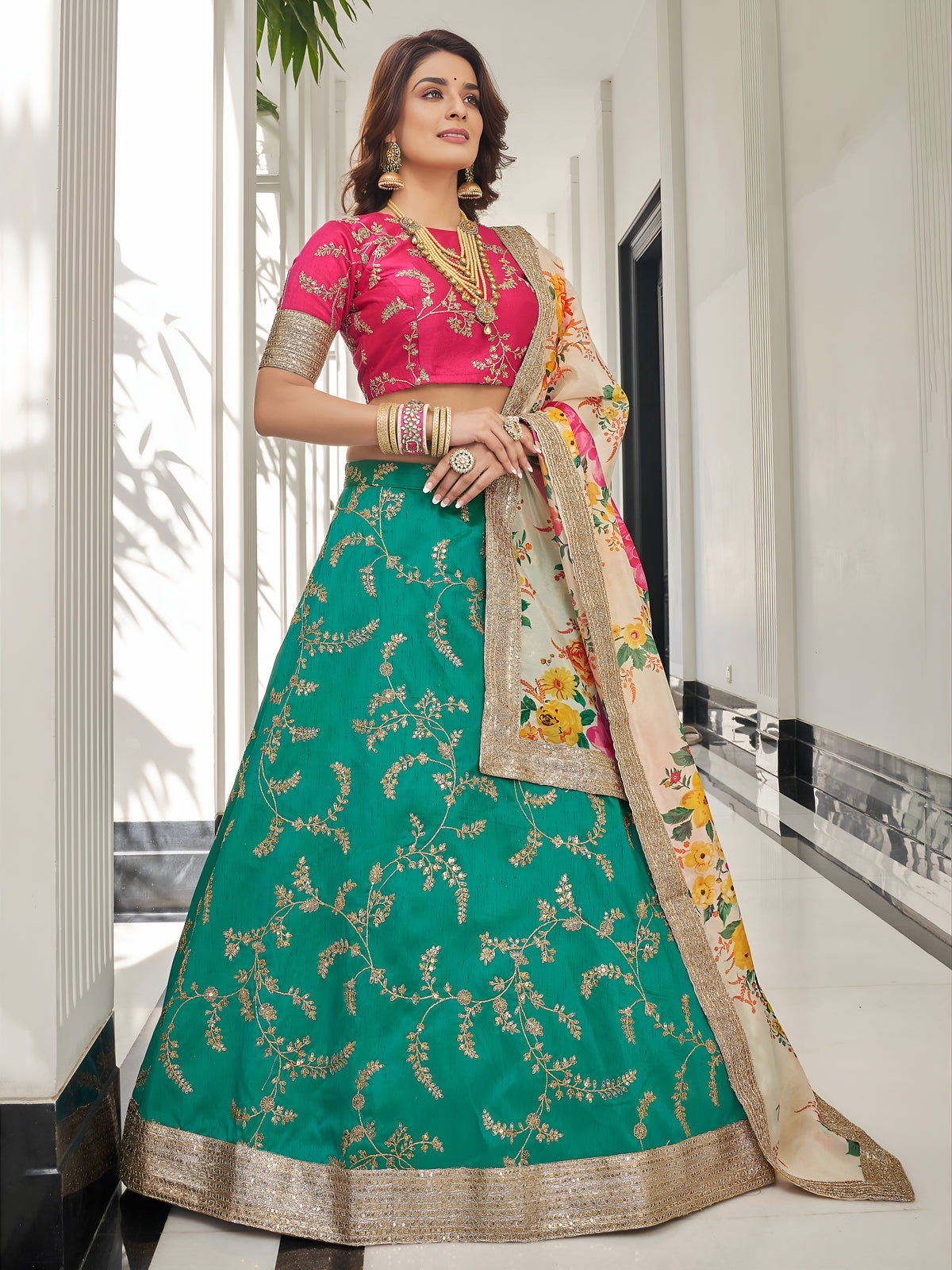 Emerald Green Embroidered Lehenga Choli with Floral Dupatta