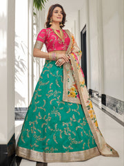 Emerald Green Embroidered Lehenga Choli with Floral Dupatta