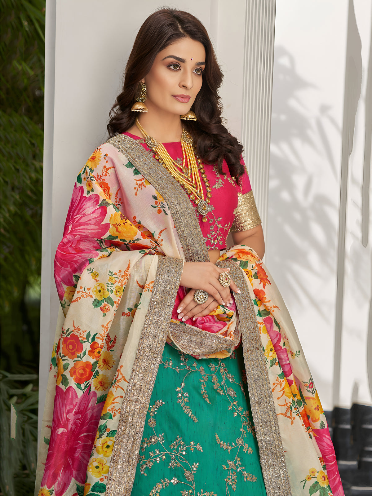 Emerald Green Embroidered Lehenga Choli with Floral Dupatta