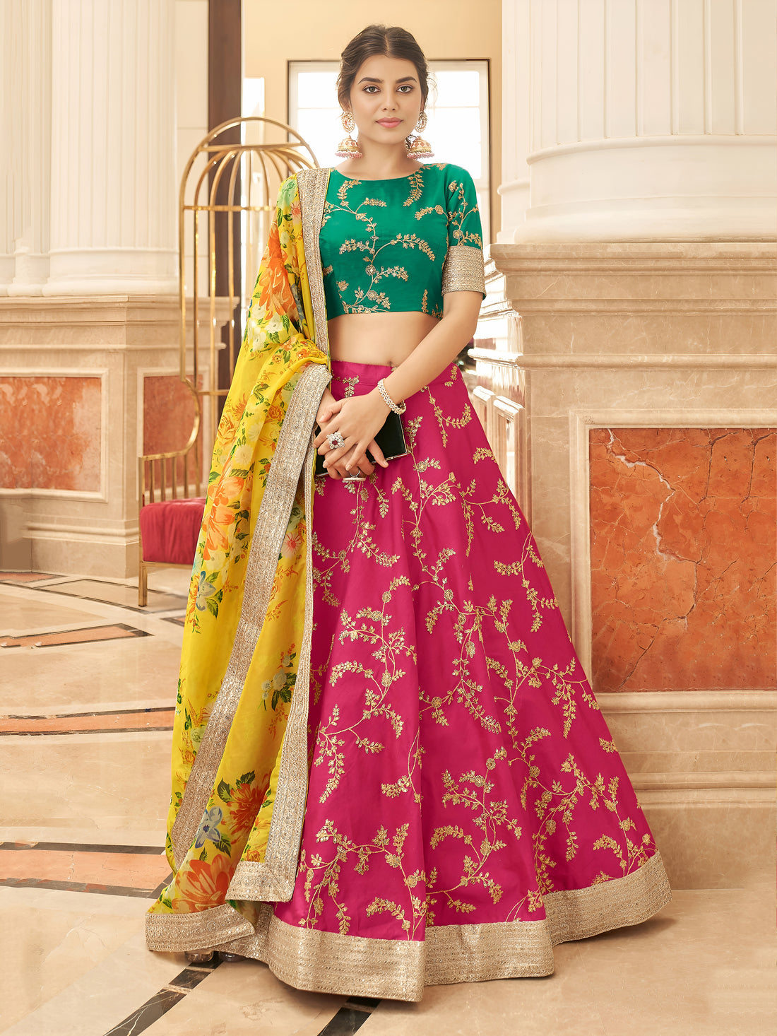 Rani Pink Lehenga Choli with Golden Embroidery & Yellow Floral Dupatta