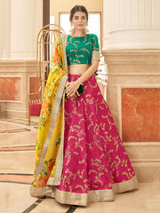 Rani Pink Lehenga Choli with Golden Embroidery & Yellow Floral Dupatta