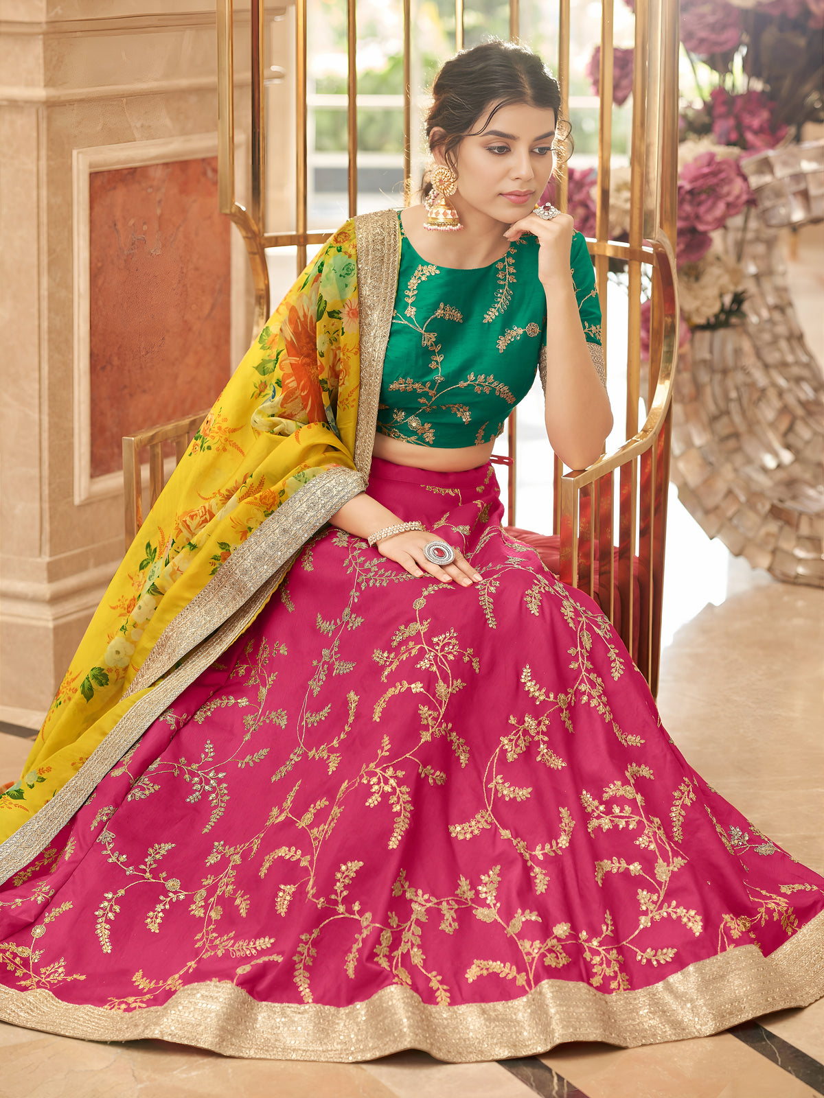 Rani Pink Lehenga Choli with Golden Embroidery & Yellow Floral Dupatta