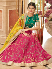 Rani Pink Lehenga Choli with Golden Embroidery & Yellow Floral Dupatta