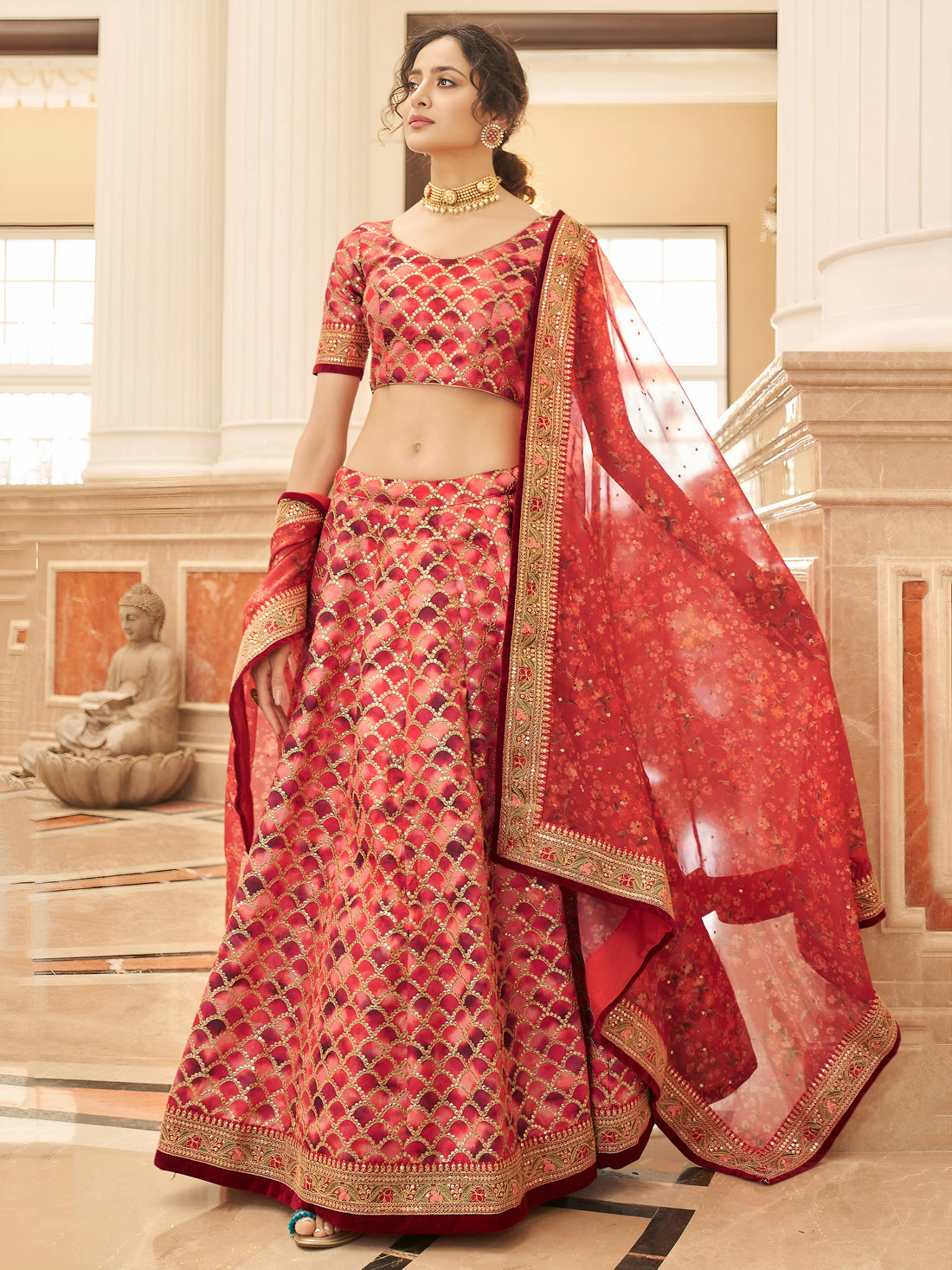 Rani Pink Bridal Lehenga Choli with Golden Embroidery & Red Floral Dupatta