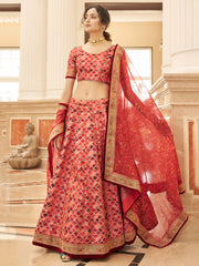 Rani Pink Bridal Lehenga Choli with Golden Embroidery & Red Floral Dupatta
