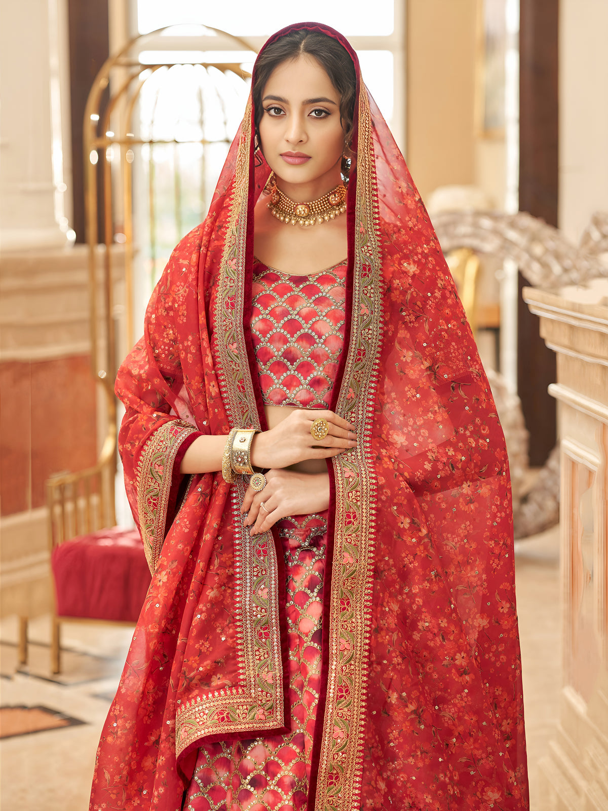 Rani Pink Bridal Lehenga Choli with Golden Embroidery & Red Floral Dupatta